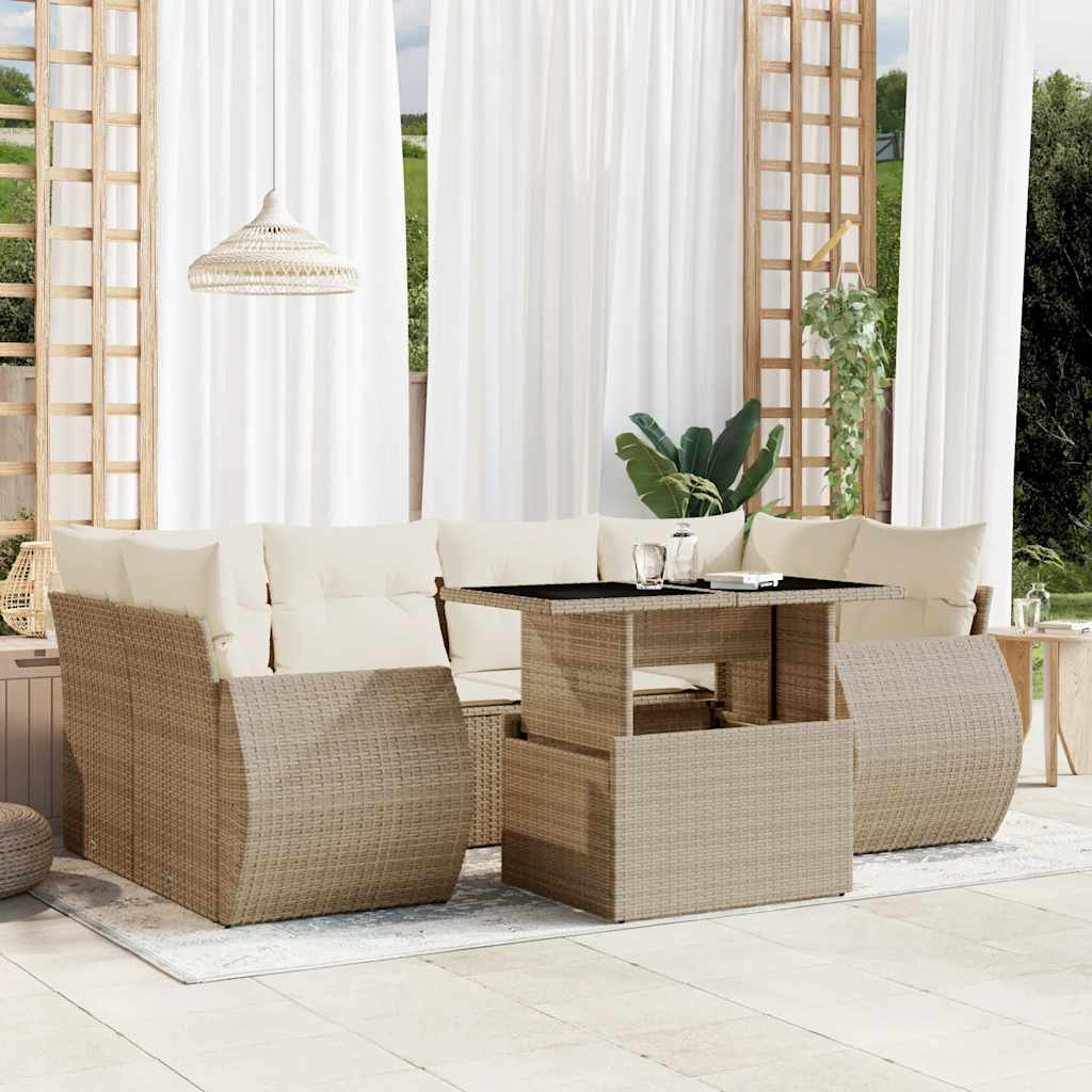 7-tlg. Garten-Sofagarnitur mit Kissen Schwarz Poly Rattan
