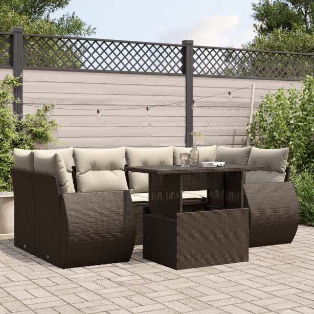 7-tlg. Garten-Sofagarnitur mit Kissen Schwarz Poly Rattan