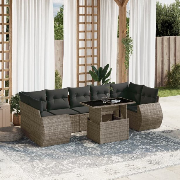 8-tlg. Garten-Sofagarnitur mit Kissen Schwarz Poly Rattan