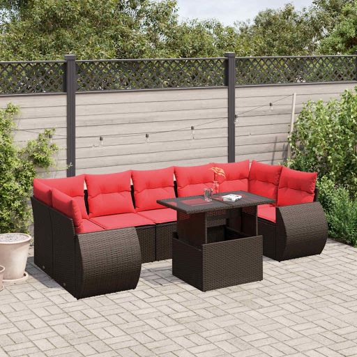 8-teiliges Gartensofa-Set mit Kissen, schwarzes Polyrattan