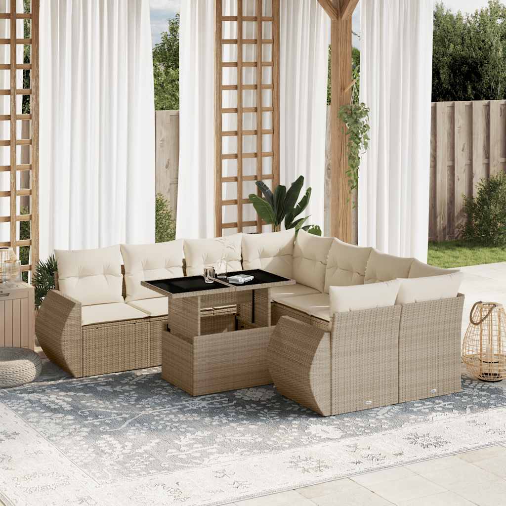 9-tlg. Garten-Sofagarnitur mit Kissen Schwarz Poly Rattan