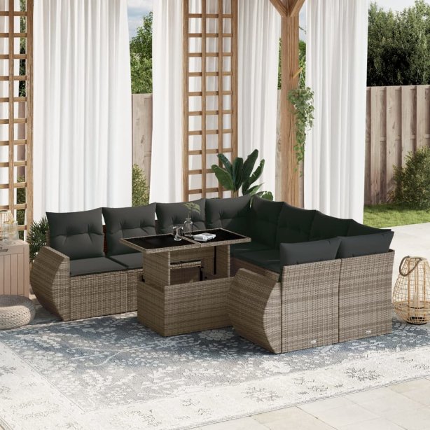 9-tlg. Garten-Sofagarnitur mit Kissen Schwarz Poly Rattan