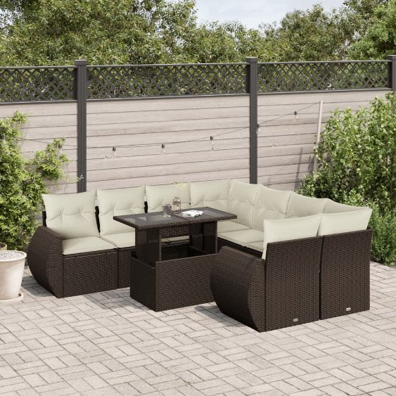 9-tlg. Garten-Sofagarnitur mit Kissen Schwarz Poly Rattan