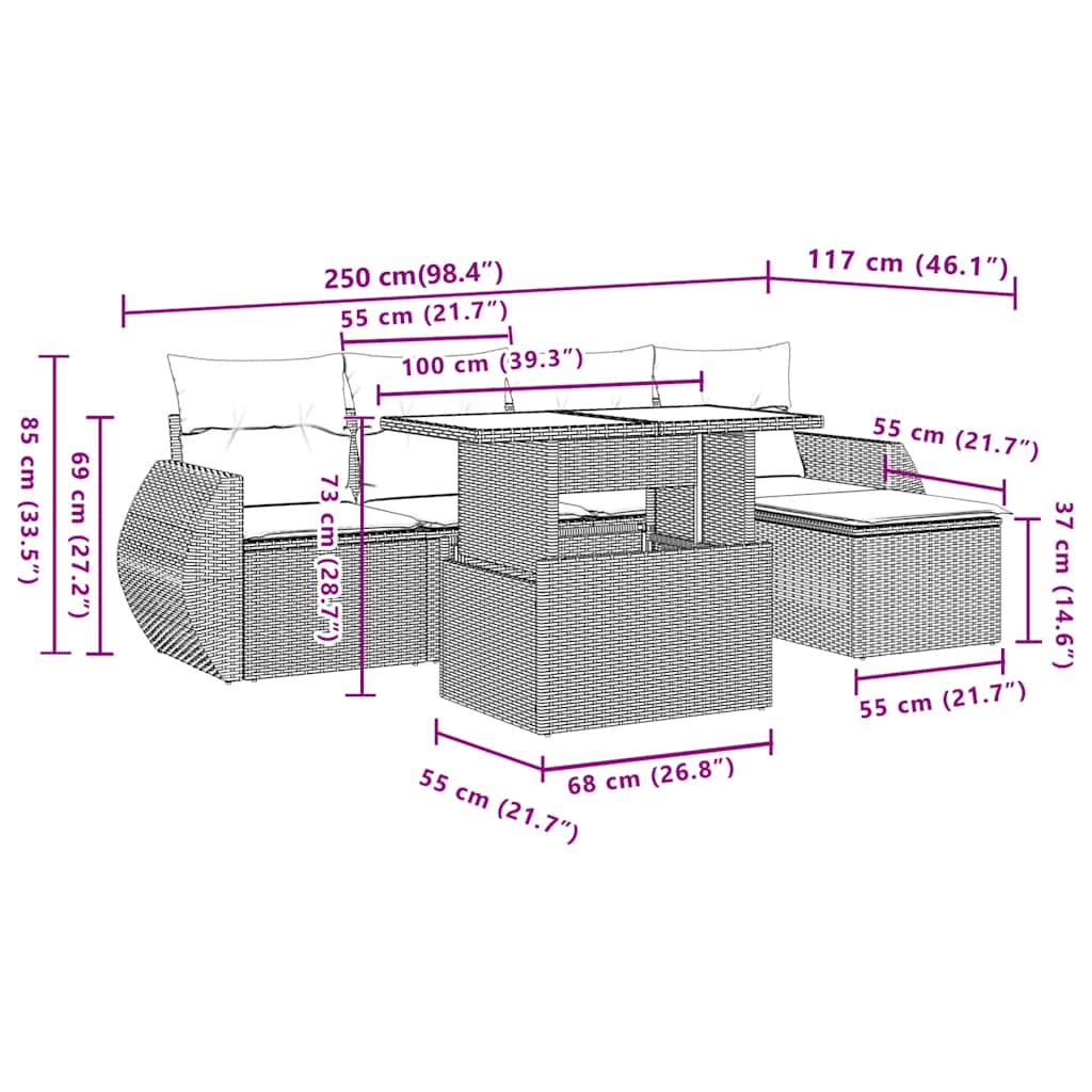 6-teiliges Gartensofa-Set mit Kissen, schwarzes Polyrattan