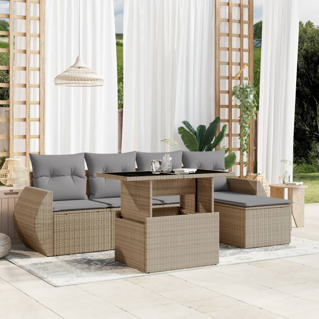 6-tlg. Garten-Sofagarnitur mit Kissen Schwarz Poly Rattan