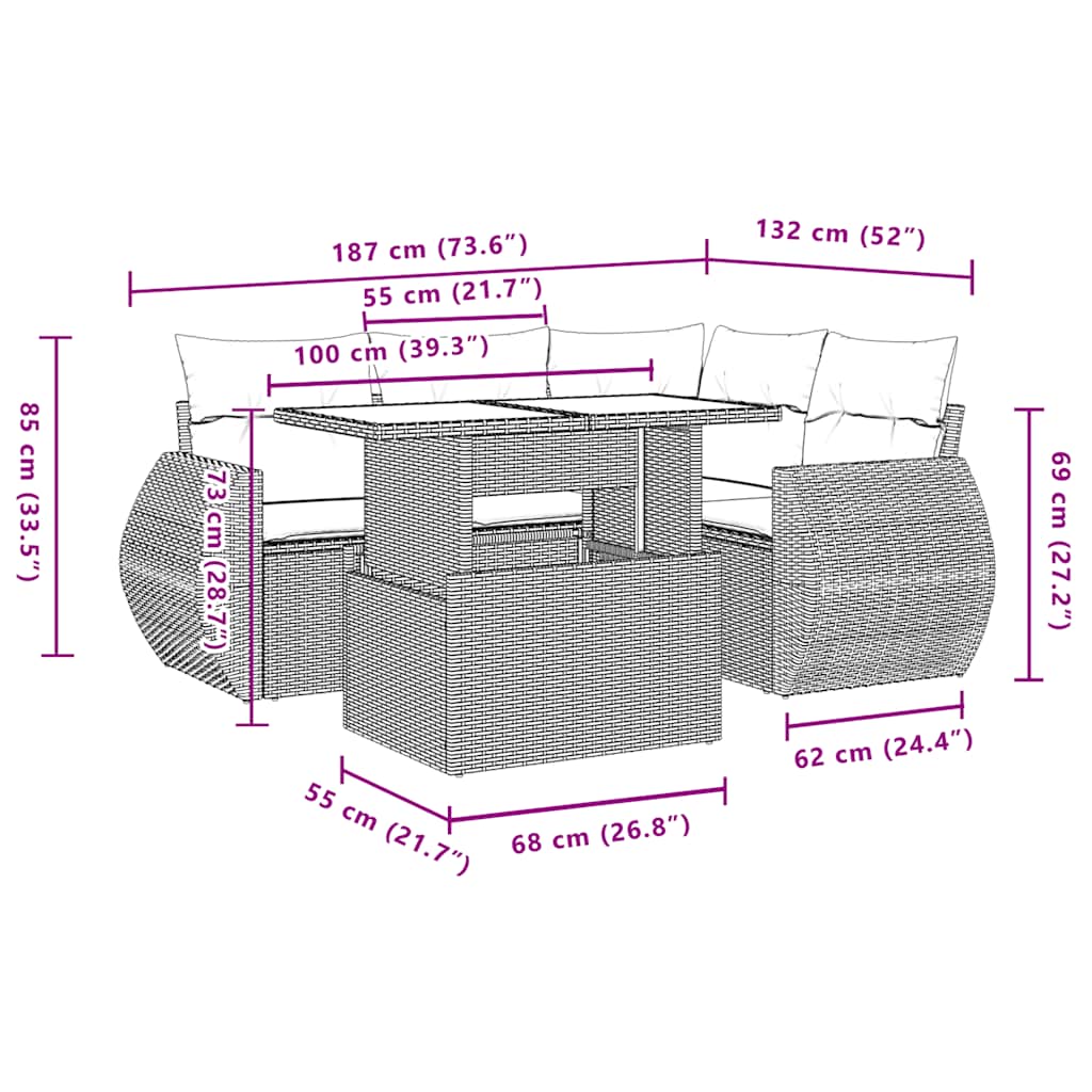 5-teiliges Gartensofa-Set mit Kissen, schwarzes Polyrattan