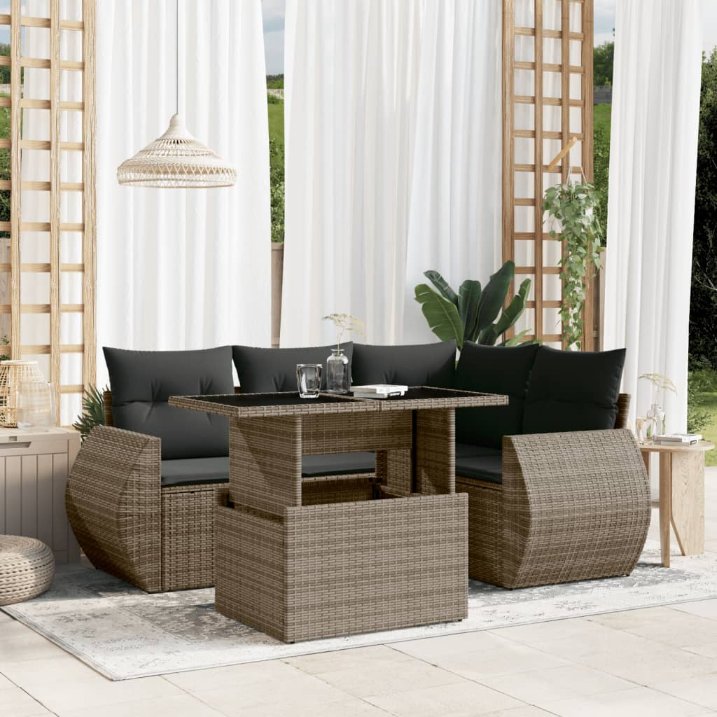 5-tlg. Garten-Sofagarnitur mit Kissen Schwarz Poly Rattan