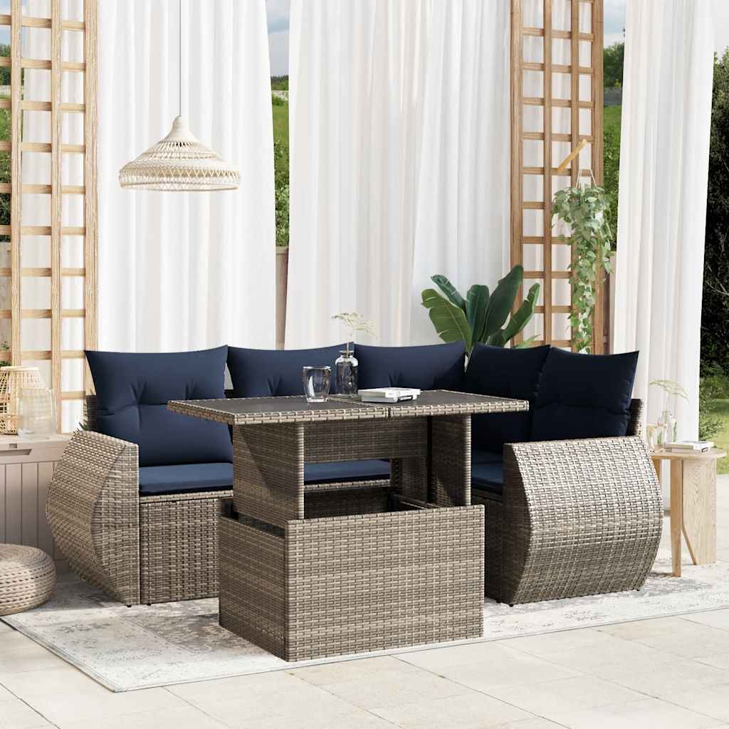 5-teiliges Gartensofa-Set mit Kissen, schwarzes Polyrattan