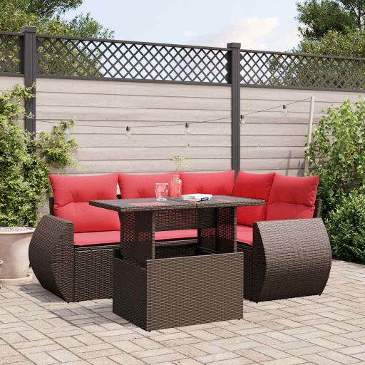 5-teiliges Gartensofa-Set mit Kissen, schwarzes Polyrattan