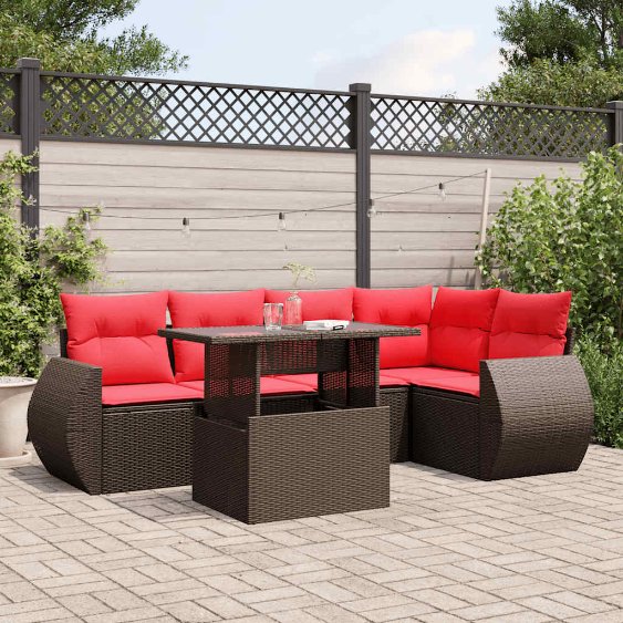 6-teiliges Gartensofa-Set mit Kissen, schwarzes Polyrattan
