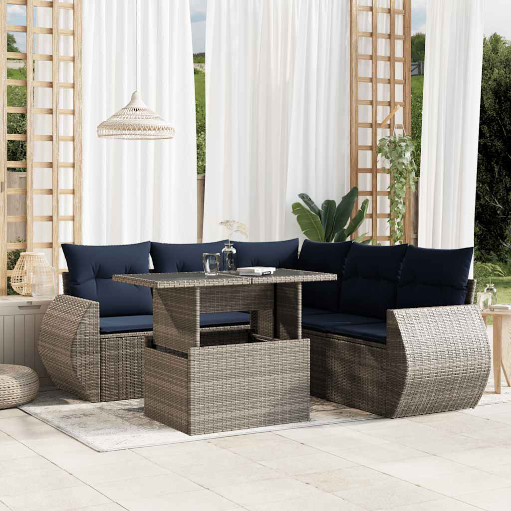 6-teiliges Gartensofa-Set mit Kissen, schwarzes Polyrattan
