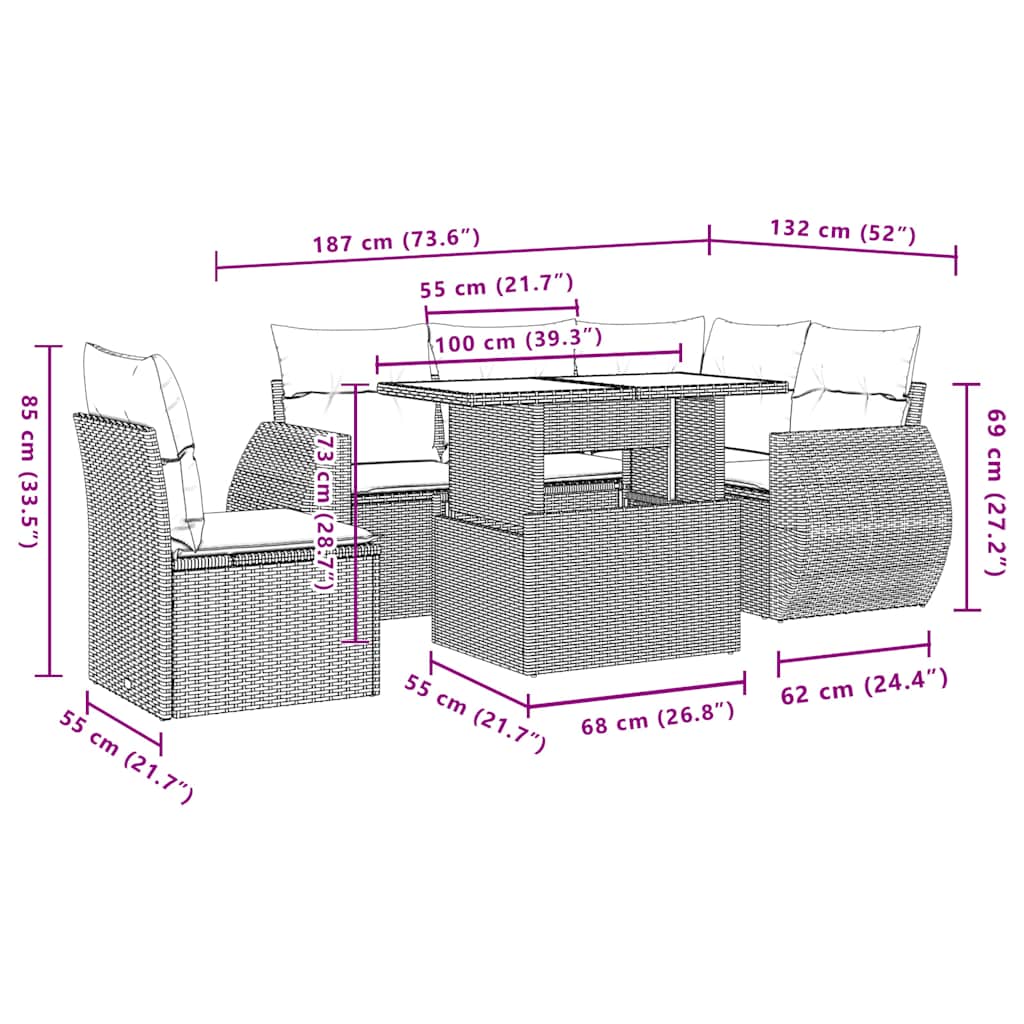 6-teiliges Gartensofa-Set mit Kissen, schwarzes Polyrattan