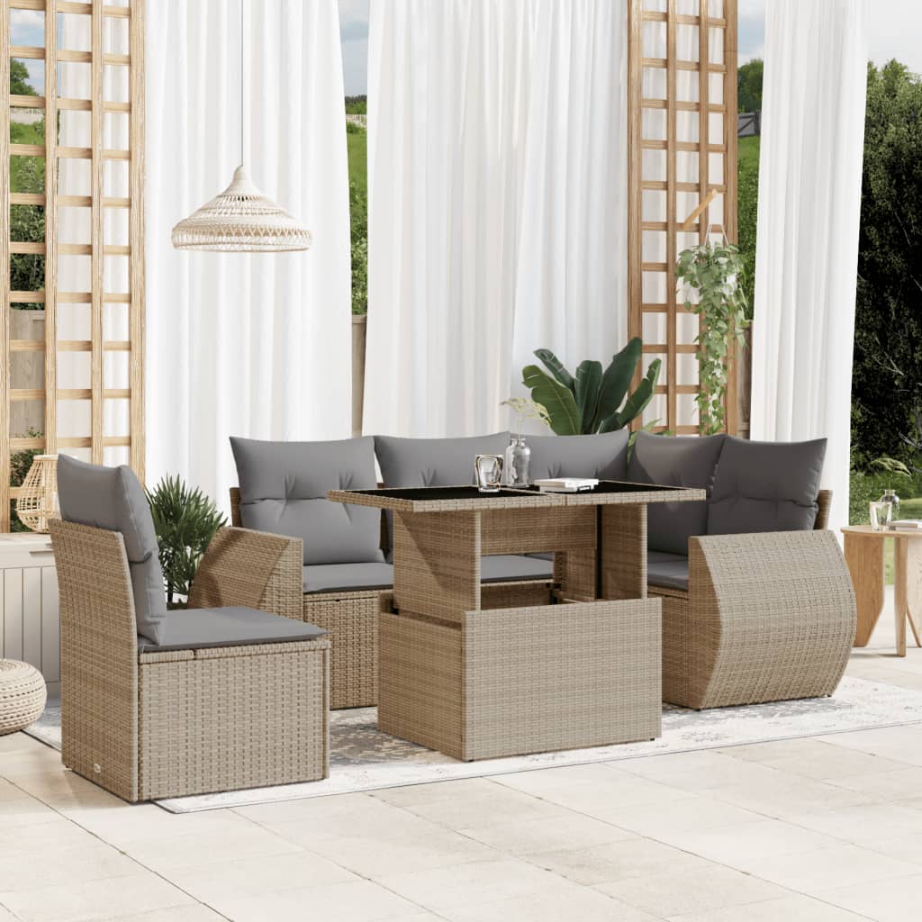 6-tlg. Garten-Sofagarnitur mit Kissen Schwarz Poly Rattan