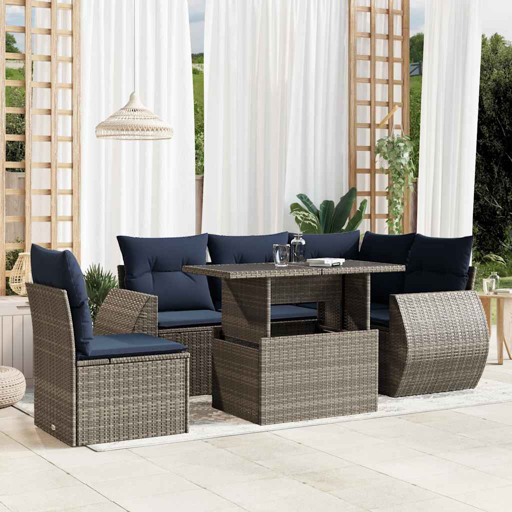 6-teiliges Gartensofa-Set mit Kissen, schwarzes Polyrattan