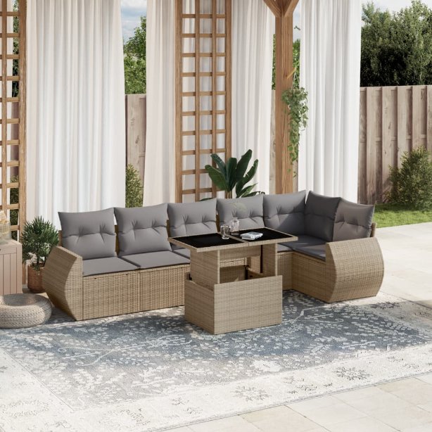 7-tlg. Garten-Sofagarnitur mit Kissen Schwarz Poly Rattan
