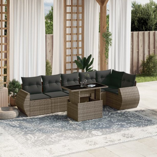 7-tlg. Garten-Sofagarnitur mit Kissen Schwarz Poly Rattan