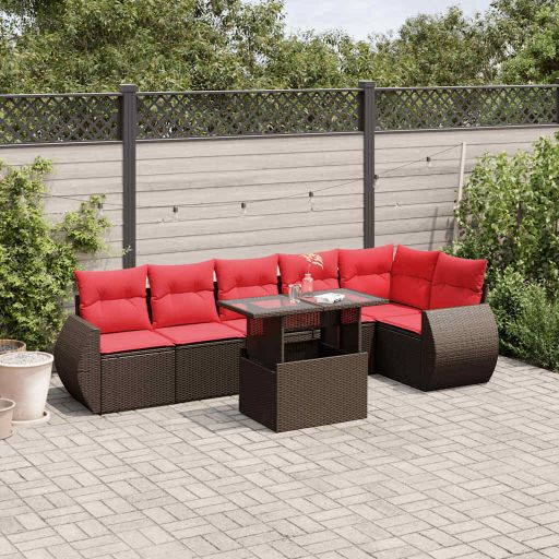 7-teiliges Gartensofa-Set mit Kissen, schwarzes Polyrattan