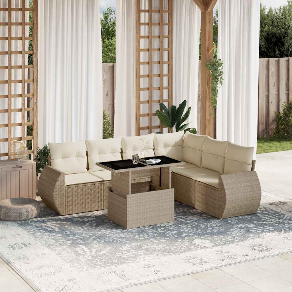 7-tlg. Garten-Sofagarnitur mit Kissen Schwarz Poly Rattan