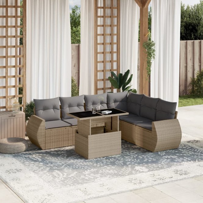 7-tlg. Garten-Sofagarnitur mit Kissen Schwarz Poly Rattan