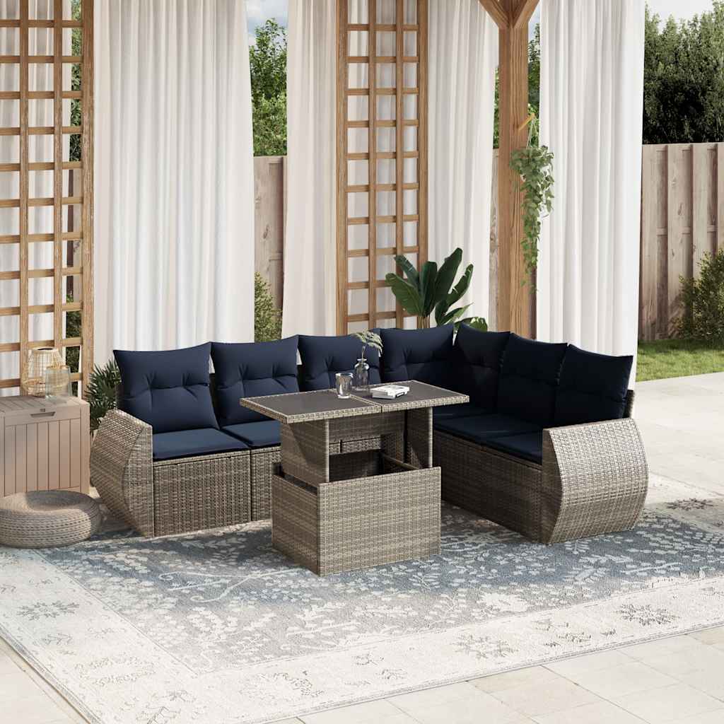 7-teiliges Gartensofa-Set mit Kissen, schwarzes Polyrattan