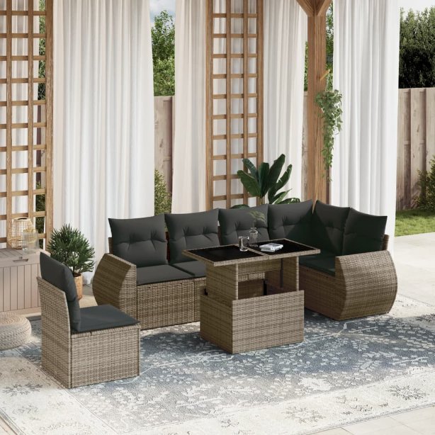 7-tlg. Garten-Sofagarnitur mit Kissen Schwarz Poly Rattan