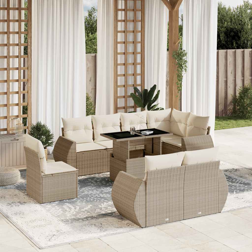 9-tlg. Garten-Sofagarnitur mit Kissen Schwarz Poly Rattan
