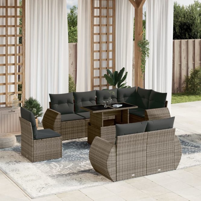 9-tlg. Garten-Sofagarnitur mit Kissen Schwarz Poly Rattan