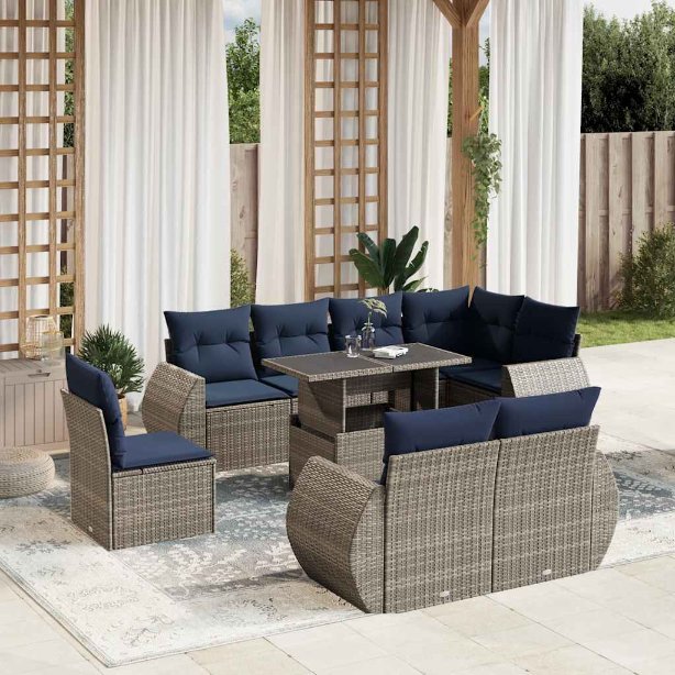 9-teiliges Gartensofa-Set mit Kissen, schwarzes Polyrattan
