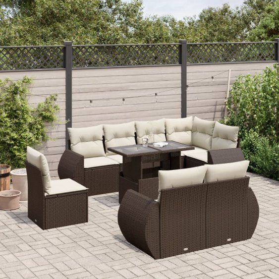 9-tlg. Garten-Sofagarnitur mit Kissen Schwarz Poly Rattan