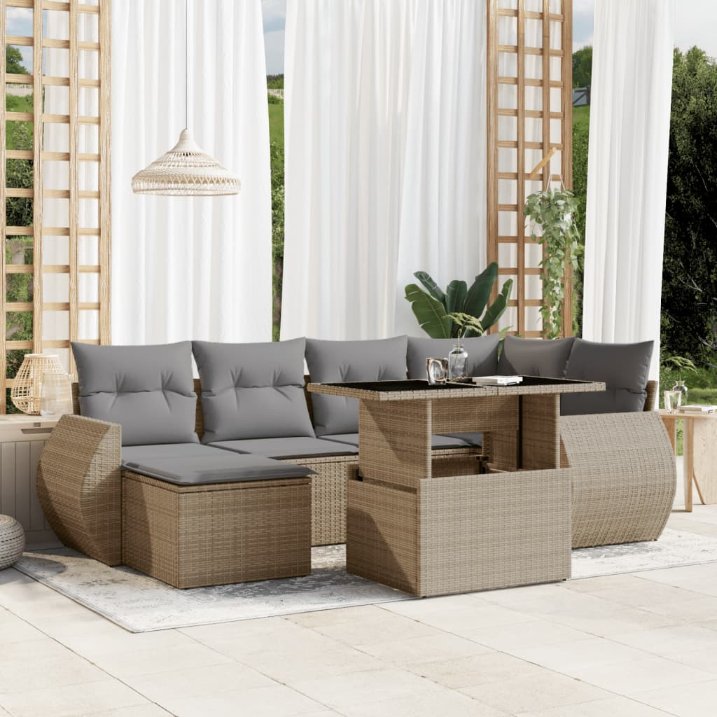 7-tlg. Garten-Sofagarnitur mit Kissen Schwarz Poly Rattan