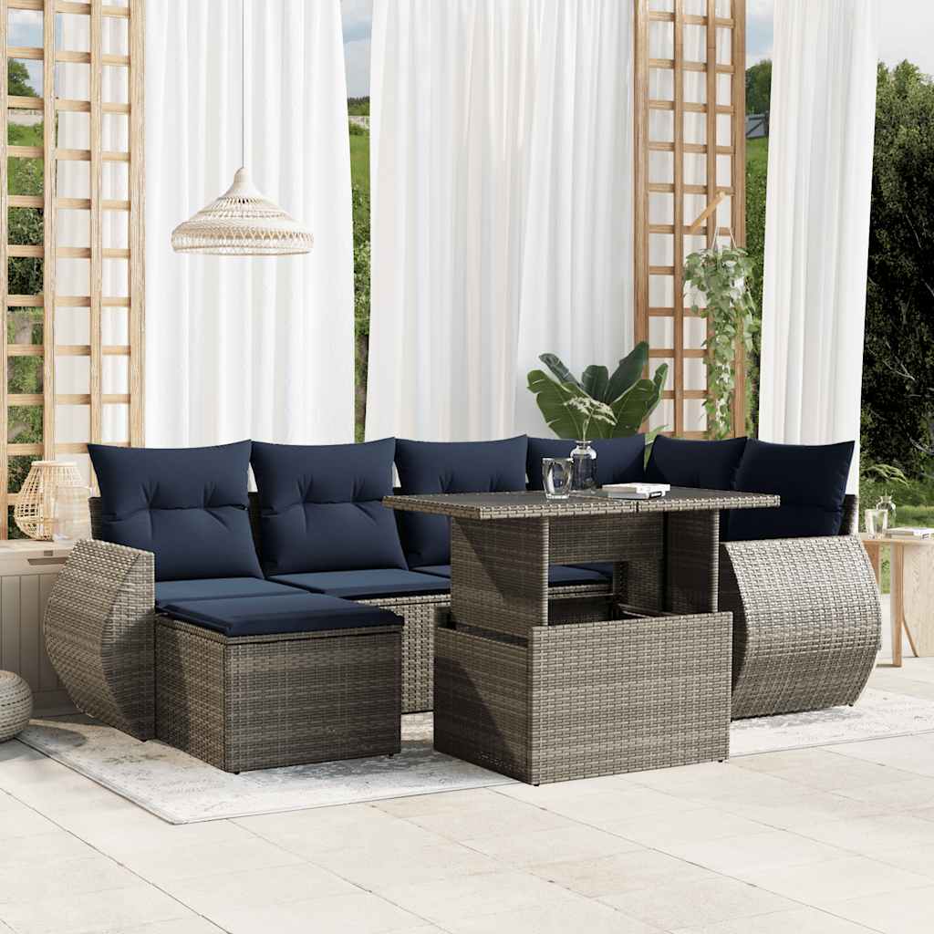 7-teiliges Gartensofa-Set mit Kissen, schwarzes Polyrattan