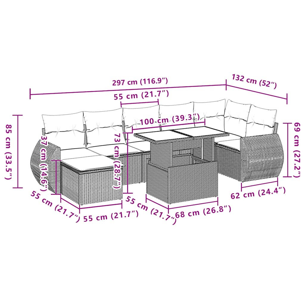 8-teiliges Gartensofa-Set mit Kissen, schwarzes Polyrattan