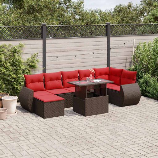 8-teiliges Gartensofa-Set mit Kissen, schwarzes Polyrattan