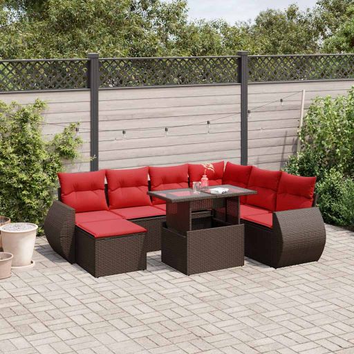 8-teiliges Gartensofa-Set mit Kissen, schwarzes Polyrattan