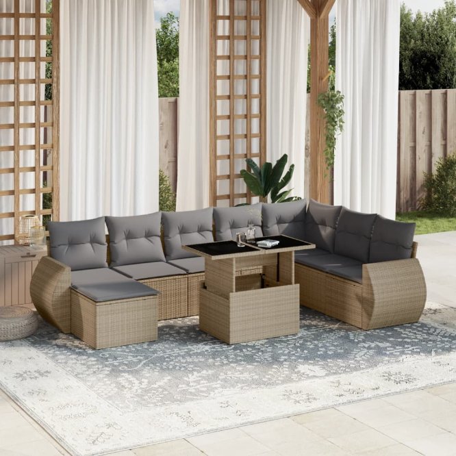 9-tlg. Garten-Sofagarnitur mit Kissen Schwarz Poly Rattan