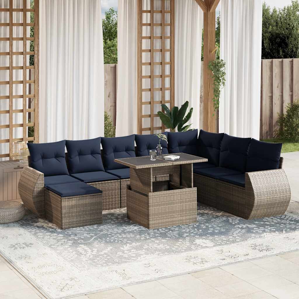 9-teiliges Gartensofa-Set mit Kissen, schwarzes Polyrattan