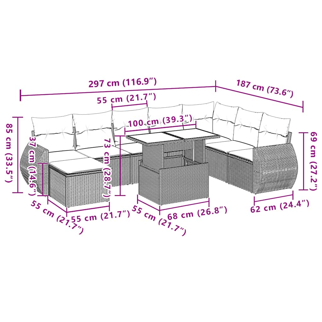 vidaXL 10-teiliges Gartensofa-Set mit Kissen, schwarzes Polyrattan