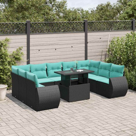 vidaXL 10-teiliges Gartensofa-Set mit Kissen, schwarzes Polyrattan