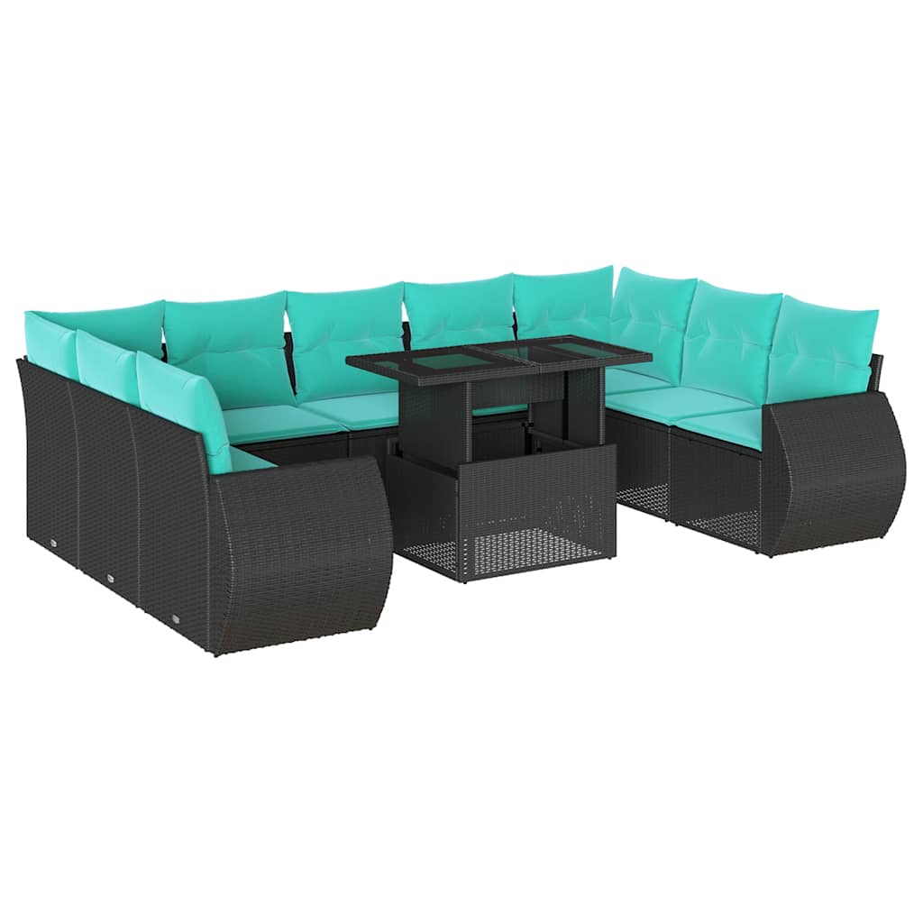 vidaXL 10-teiliges Gartensofa-Set mit Kissen, schwarzes Polyrattan