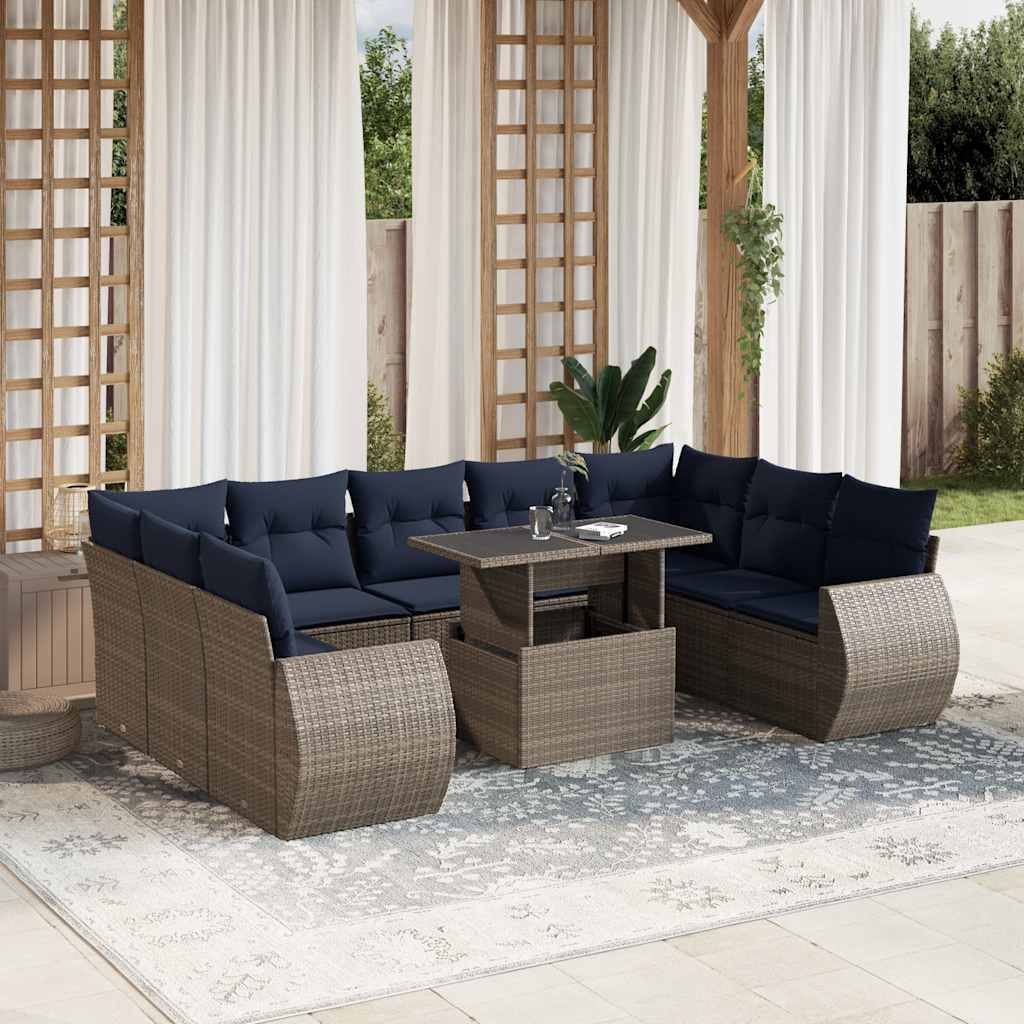 vidaXL 10-teiliges Gartensofa-Set mit Kissen, schwarzes Polyrattan