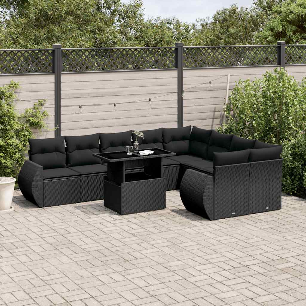 vidaXL 10-tlg. Garten-Sofagarnitur mit Kissen Schwarz Poly Rattan
