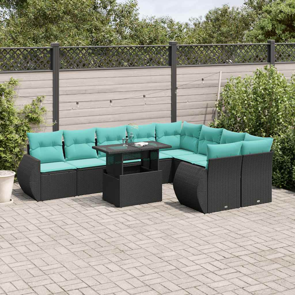 vidaXL 10-teiliges Gartensofa-Set mit Kissen, schwarzes Polyrattan