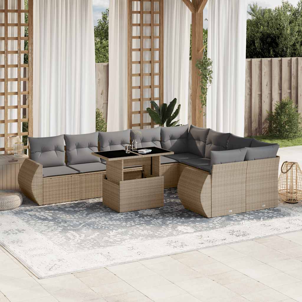 vidaXL 10-tlg. Garten-Sofagarnitur mit Kissen Schwarz Poly Rattan