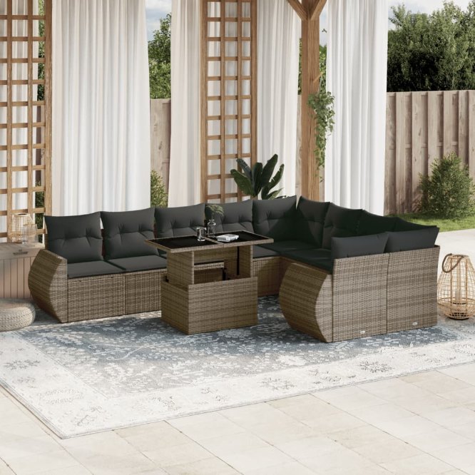 vidaXL 10-tlg. Garten-Sofagarnitur mit Kissen Schwarz Poly Rattan