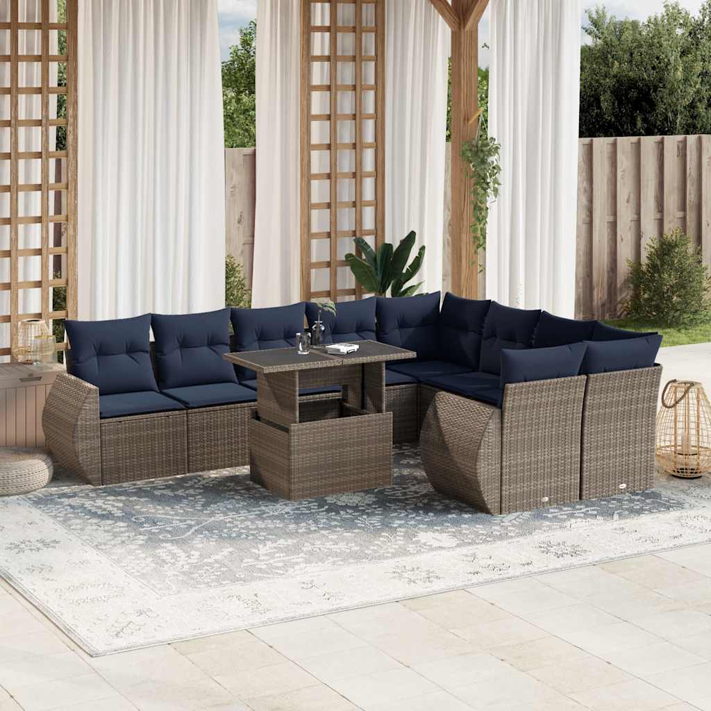vidaXL 10-teiliges Gartensofa-Set mit Kissen, schwarzes Polyrattan