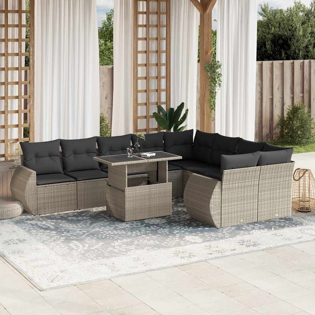 vidaXL 10-tlg. Garten-Sofagarnitur mit Kissen Schwarz Poly Rattan