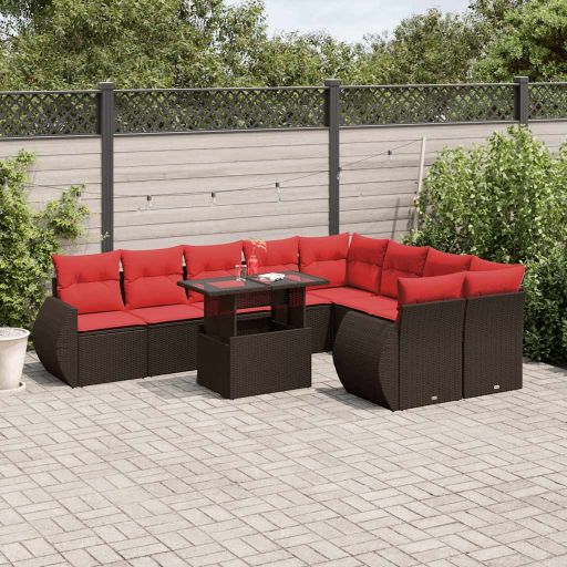 vidaXL 10-teiliges Gartensofa-Set mit Kissen, schwarzes Polyrattan