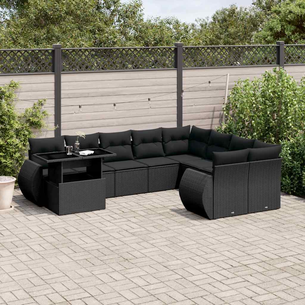 vidaXL 10-tlg. Garten-Sofagarnitur mit Kissen Schwarz Poly Rattan