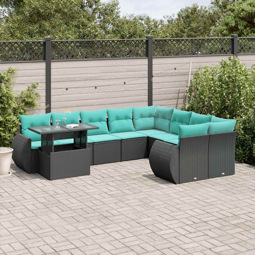 vidaXL 10-teiliges Gartensofa-Set mit Kissen, schwarzes Polyrattan