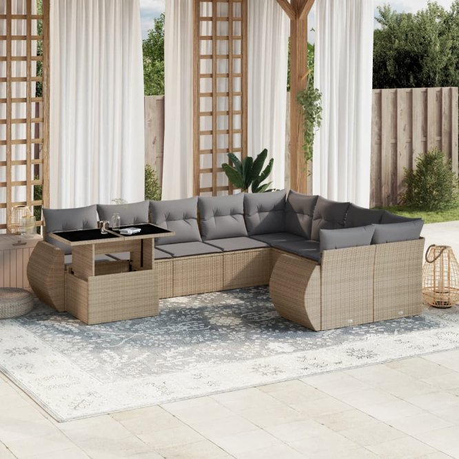 vidaXL 10-tlg. Garten-Sofagarnitur mit Kissen Schwarz Poly Rattan